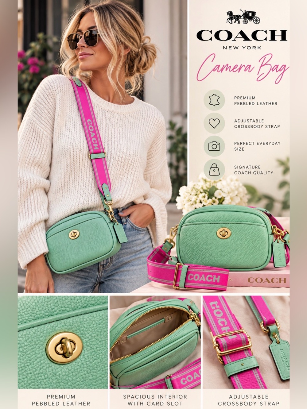 COACH Mint Green Pebbled Leather Crossbody Camera Style Bag Pink & Green Strap